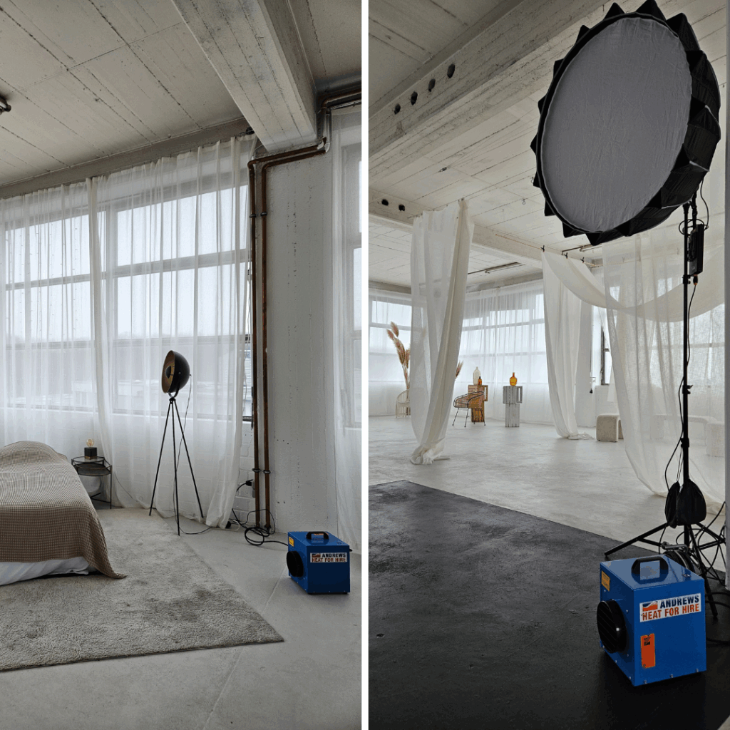 Tragbare Heizgeräte von Klima Mieten sorgen für Komfort während eines Dessous-Fotoshootings